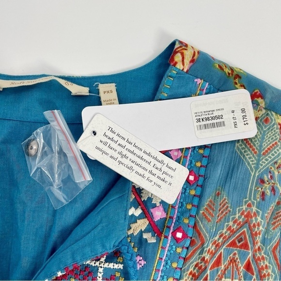 NWT Soft Surroundings Blue Mirapani Chiffon Boho Embroidered Maxi Boho Dress - Picture 4 of 11